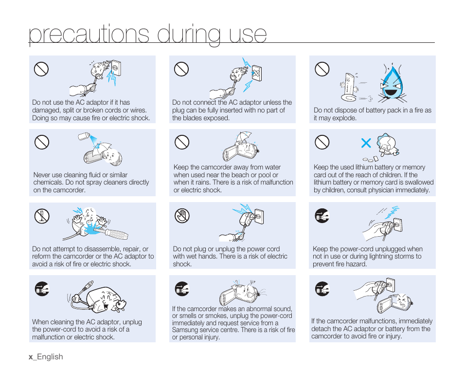 Precautions during use | Samsung SMX-C14RN-XAA User Manual | Page 10 / 139