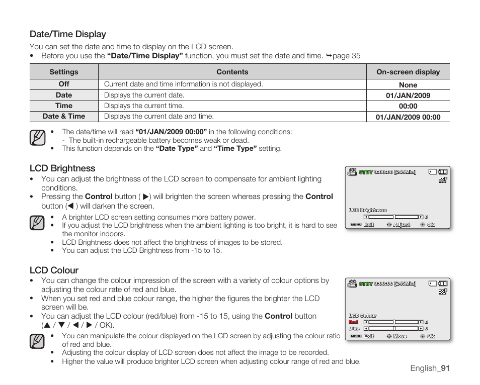 Date/time display, Lcd brightness, Lcd colour | Samsung SMX-C14RN-XAA User Manual | Page 101 / 139