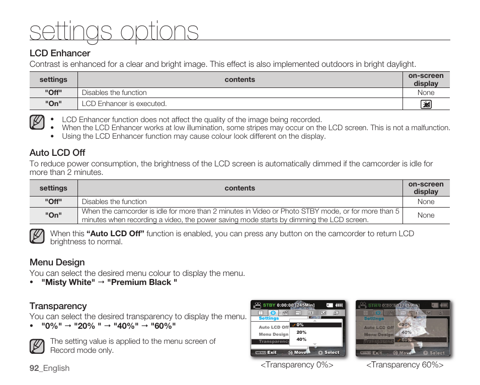 Lcd enhancer, Auto lcd off, Menu design | Transparency, Settings options | Samsung SMX-C14RN-XAA User Manual | Page 102 / 139