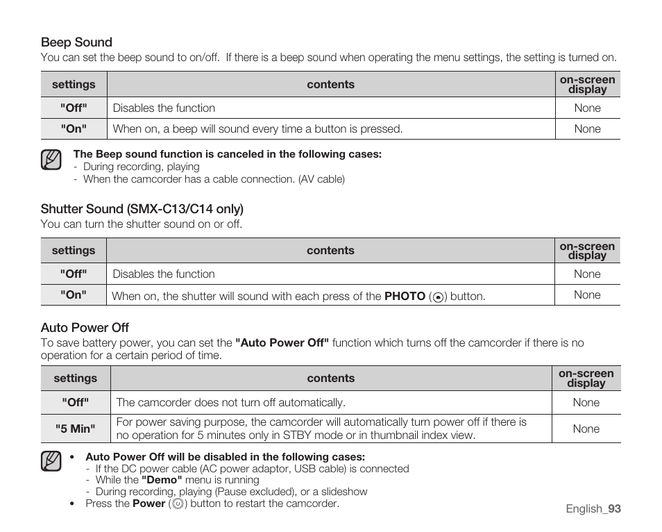 Beep sound, Shutter sound (smx-c13/c14 o, Auto power off | Samsung SMX-C14RN-XAA User Manual | Page 103 / 139