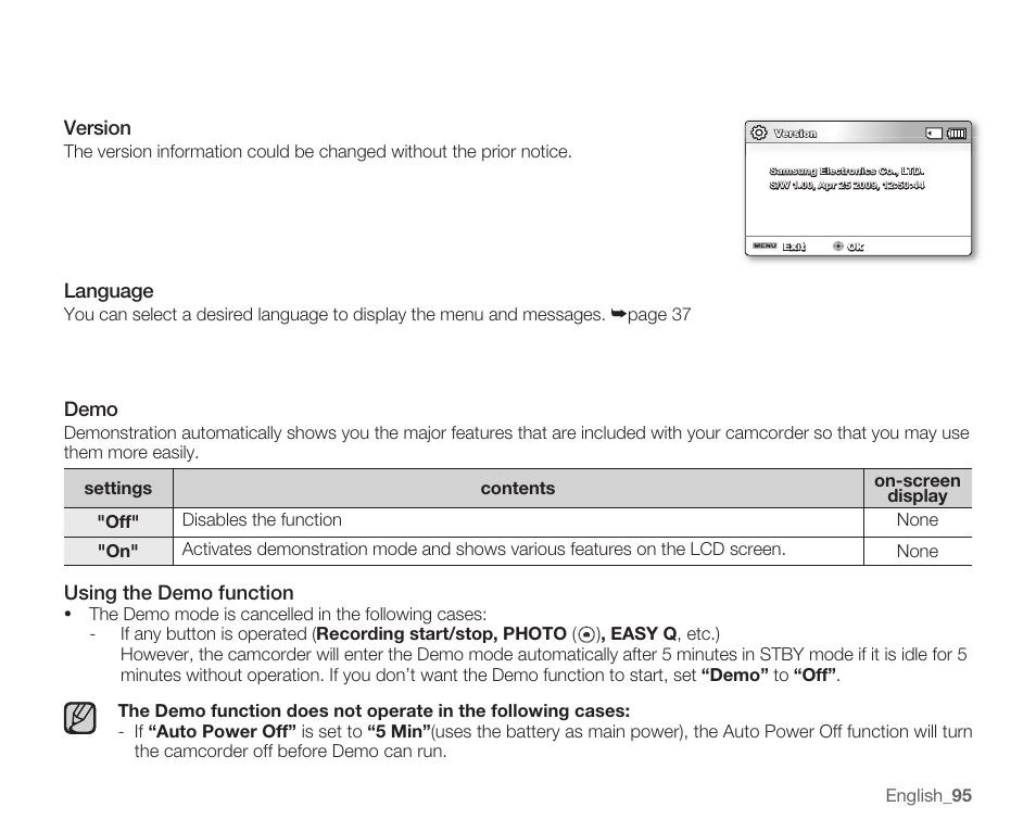 Version, Language, Demo | Samsung SMX-C14RN-XAA User Manual | Page 105 / 139