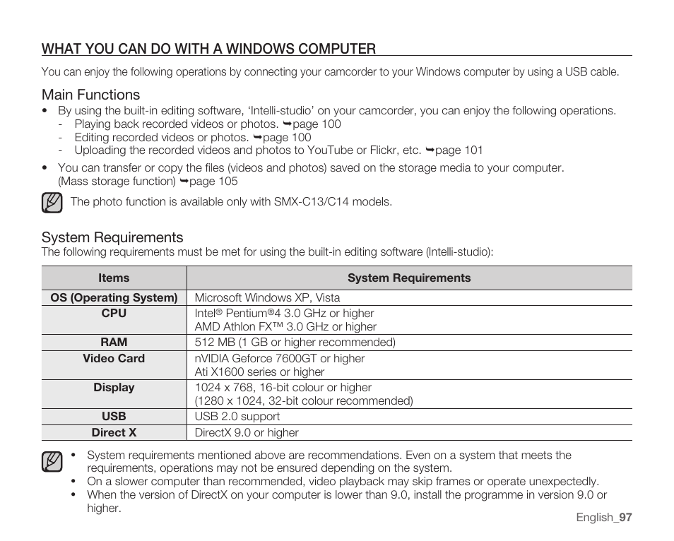 What you can do with a windows computer, Main functions, System requirements | Samsung SMX-C14RN-XAA User Manual | Page 107 / 139