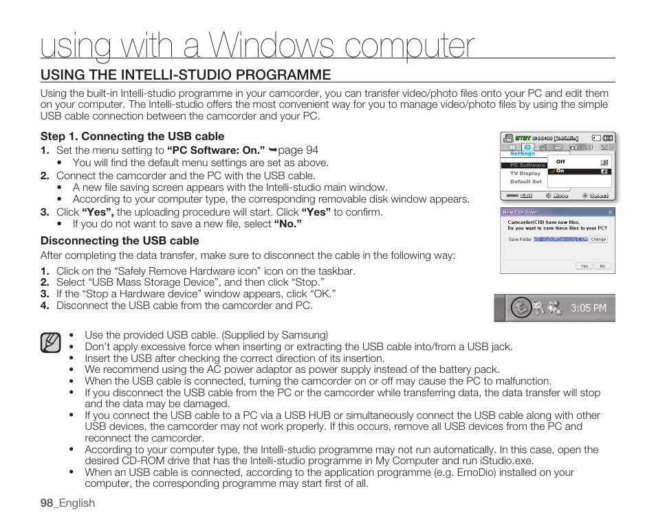 Using the intelli-studio programme, Using with a windows computer | Samsung SMX-C14RN-XAA User Manual | Page 108 / 139