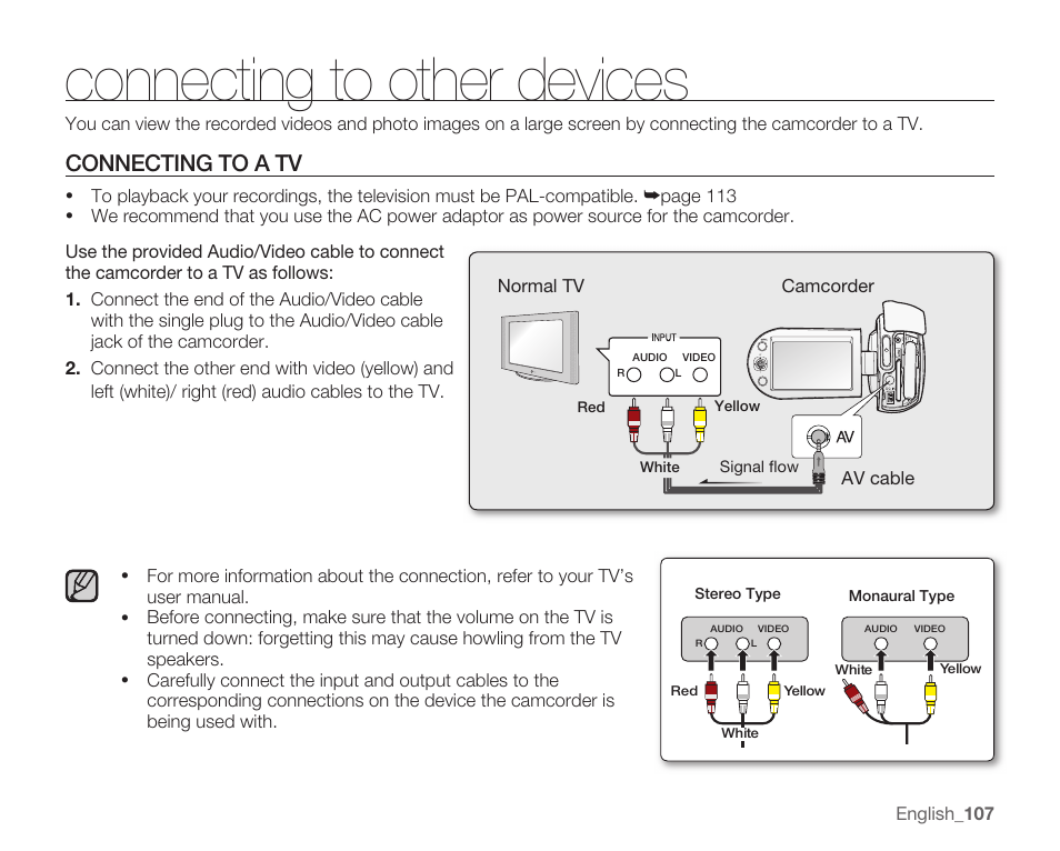 Connecting to other devices, Connecting to a tv | Samsung SMX-C14RN-XAA User Manual | Page 117 / 139