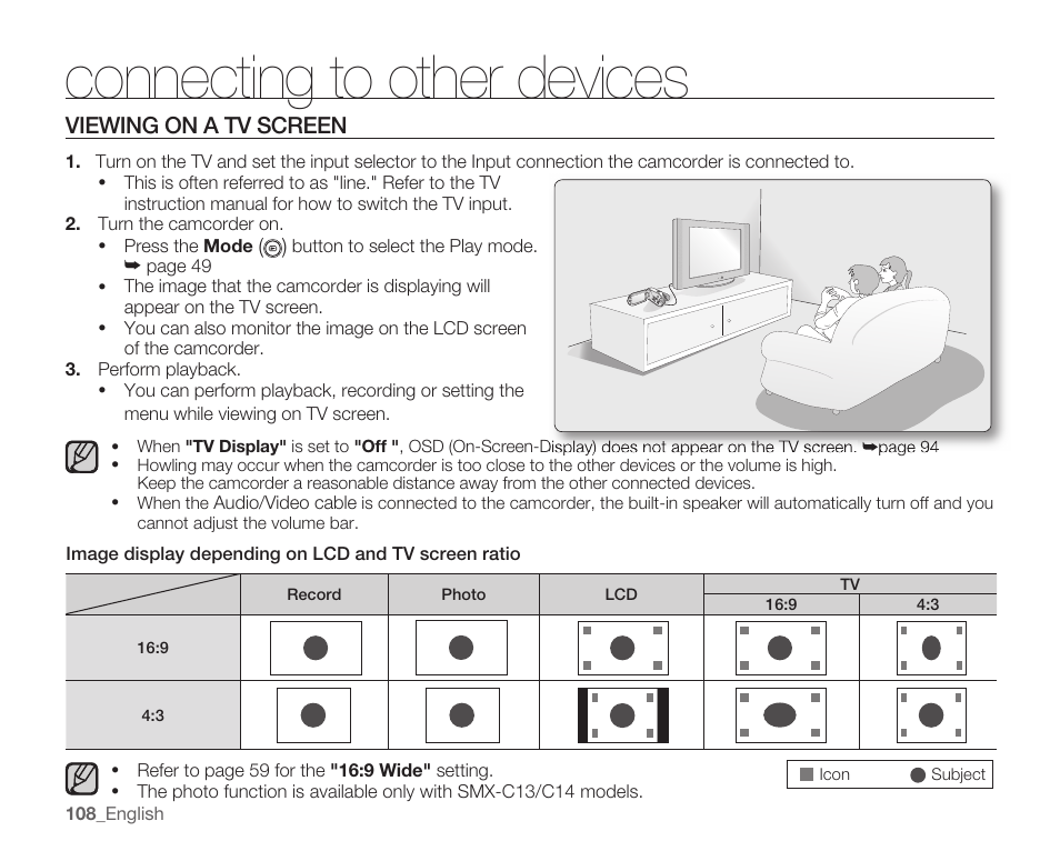 Viewing on a tv screen, Connecting to other devices, 108_ english | Audio/video cable, Image display depending on lcd and tv screen ratio | Samsung SMX-C14RN-XAA User Manual | Page 118 / 139