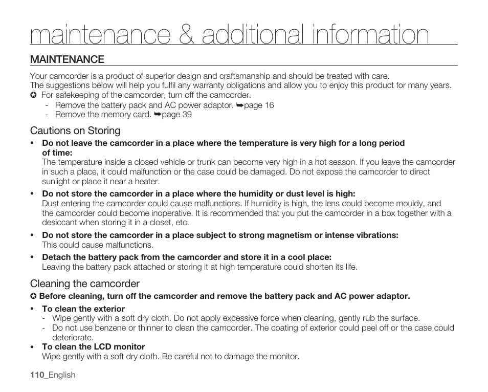 Maintenance & additional information, Maintenance | Samsung SMX-C14RN-XAA User Manual | Page 120 / 139