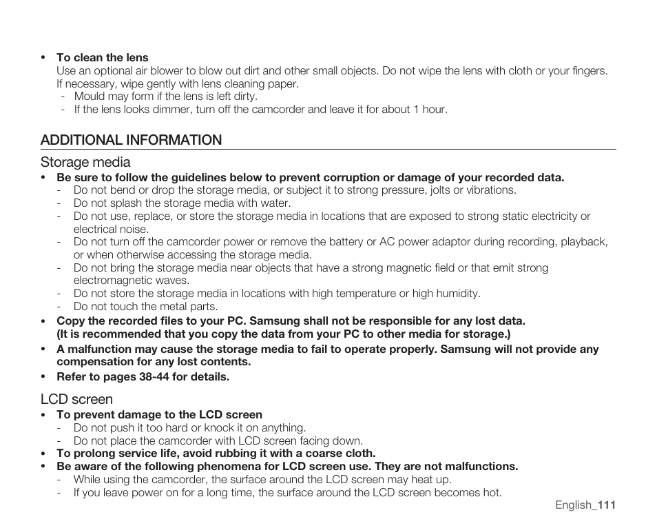 Additional information, Additional information storage media, Lcd screen | Samsung SMX-C14RN-XAA User Manual | Page 121 / 139