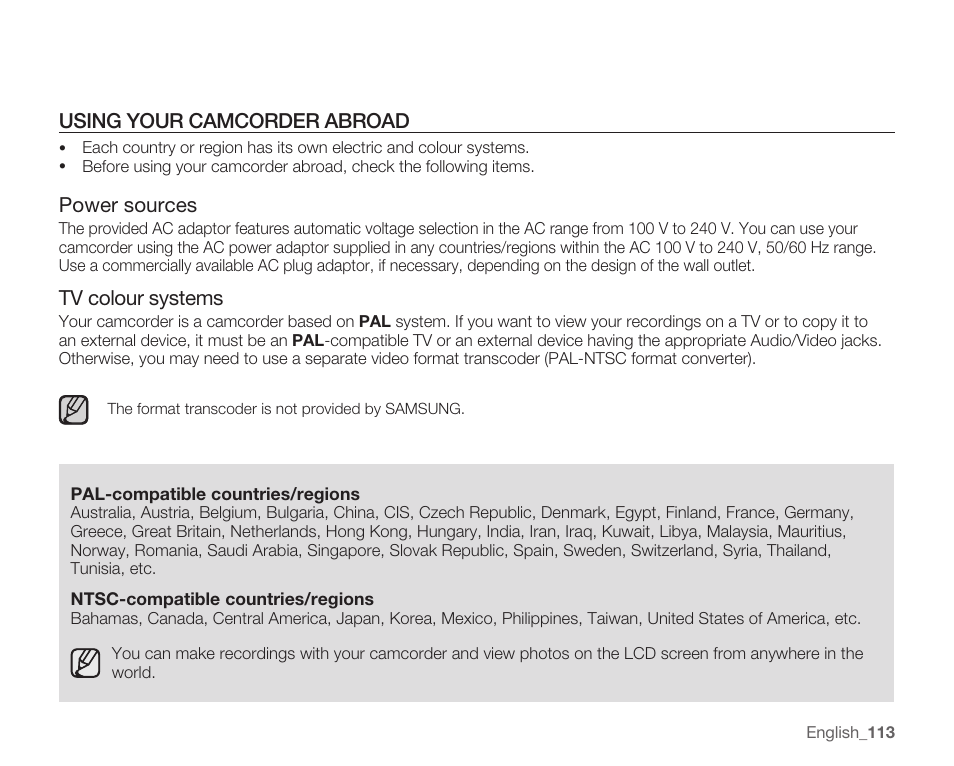 Using your camcorder abroad, Power sources, Tv colour systems | Samsung SMX-C14RN-XAA User Manual | Page 123 / 139