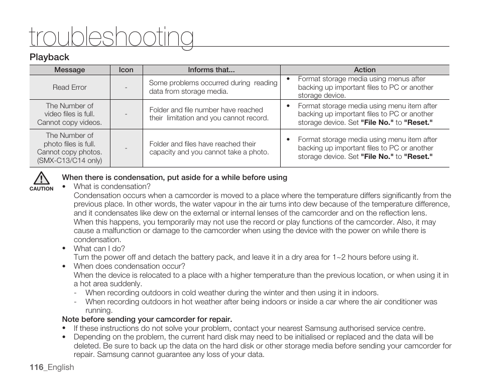 Troubleshooting | Samsung SMX-C14RN-XAA User Manual | Page 126 / 139