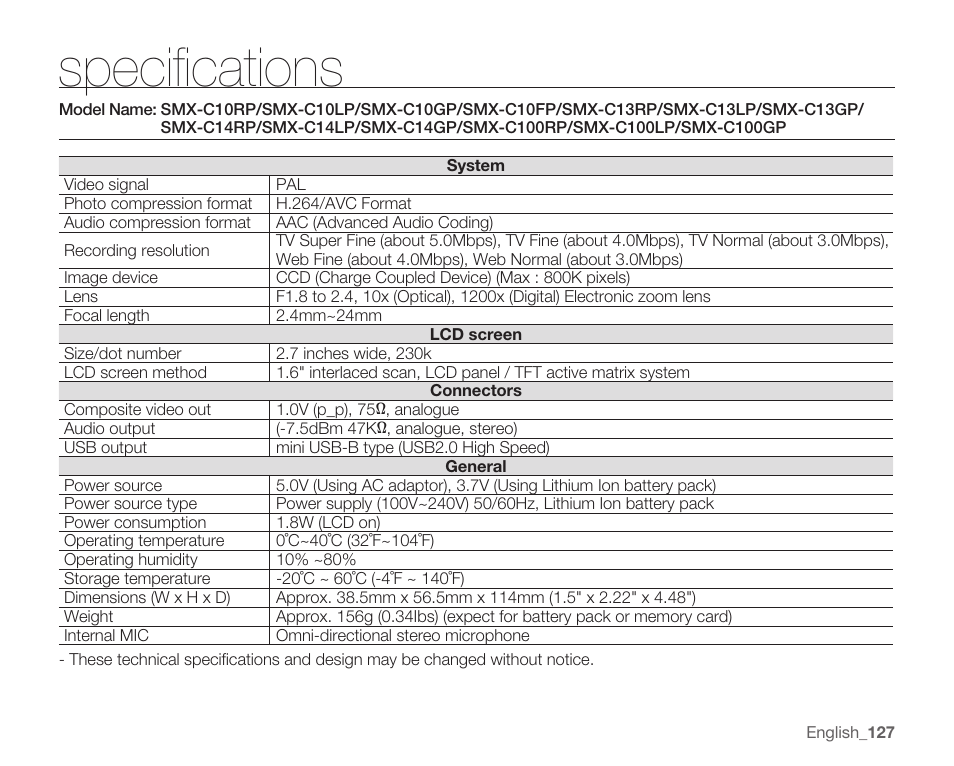 Specifications | Samsung SMX-C14RN-XAA User Manual | Page 137 / 139