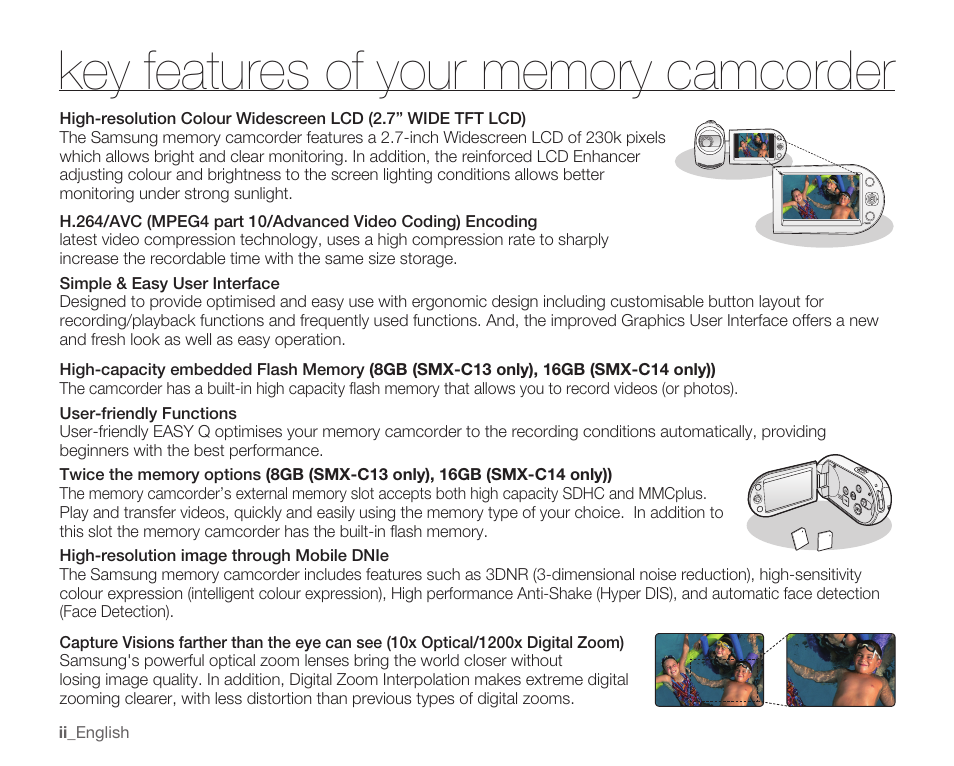 Key features of your memory camcorder | Samsung SMX-C14RN-XAA User Manual | Page 2 / 139