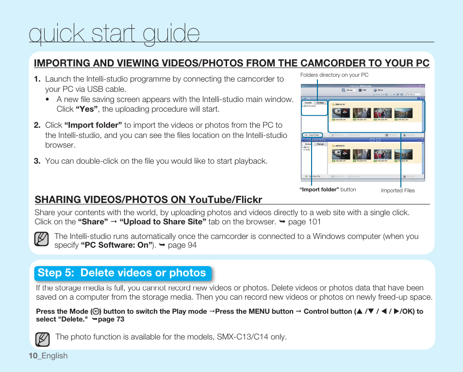 Sharing videos/photos on youtube/flickr, Quick start guide, Step 5: delete videos or photos | Samsung SMX-C14RN-XAA User Manual | Page 20 / 139