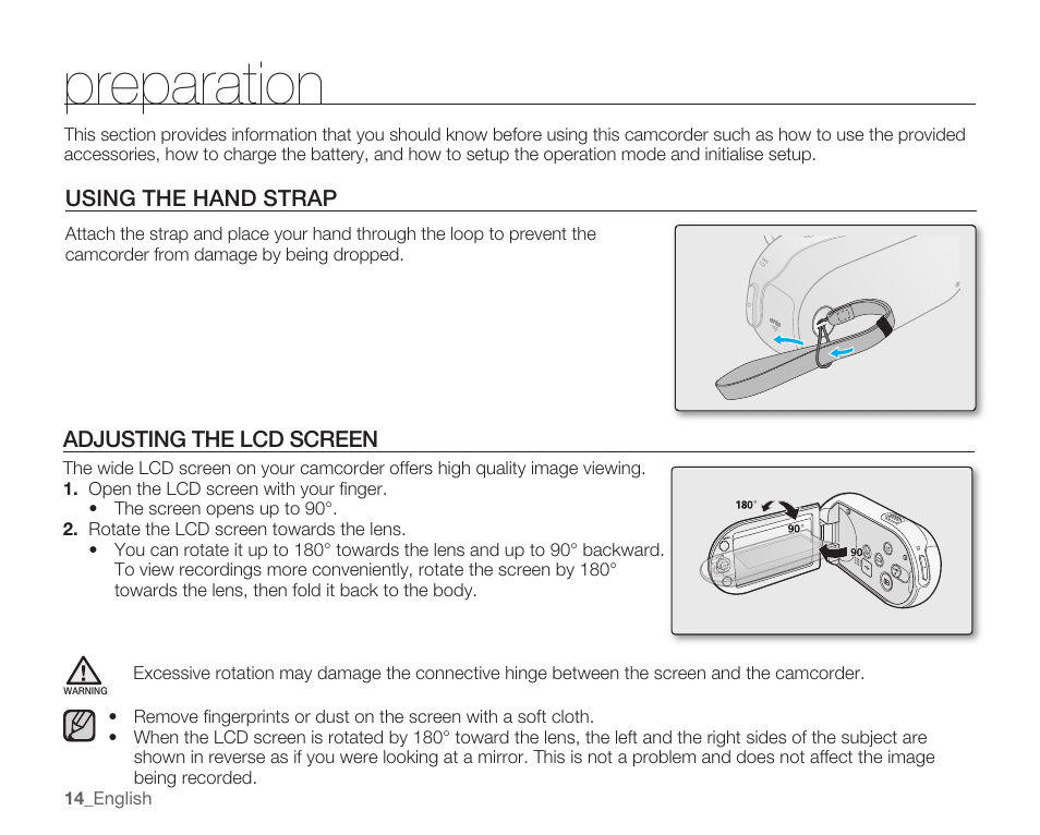 Preparation, Using the hand strap, Adjusting the lcd screen | Samsung SMX-C14RN-XAA User Manual | Page 24 / 139