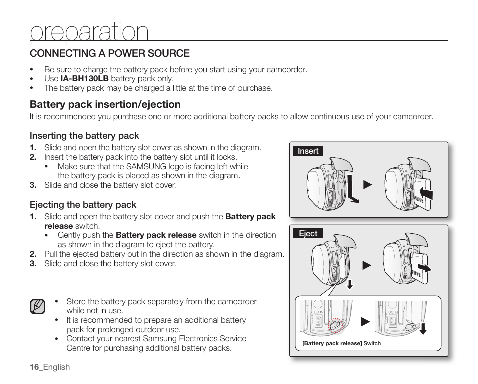 Connecting a power source, Preparation | Samsung SMX-C14RN-XAA User Manual | Page 26 / 139