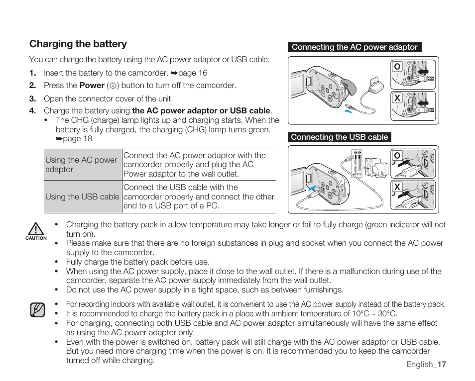 Charging the battery | Samsung SMX-C14RN-XAA User Manual | Page 27 / 139