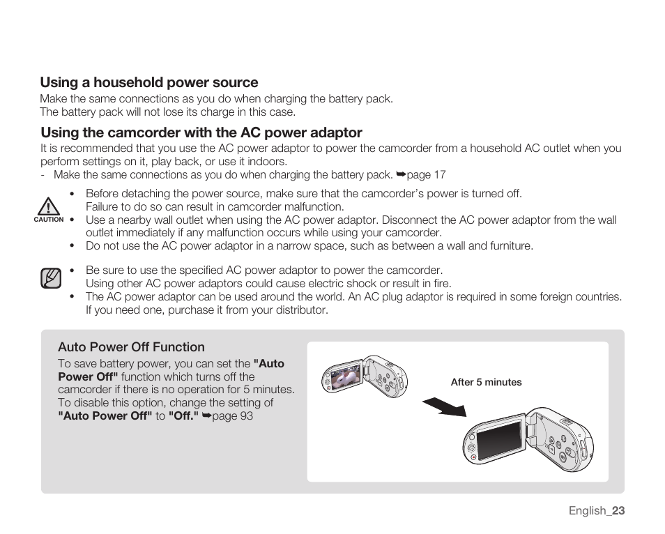 Using a household power source, Using the camcorder with the ac power adaptor | Samsung SMX-C14RN-XAA User Manual | Page 33 / 139
