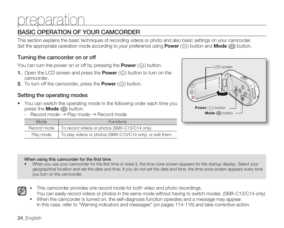 Basic operation of your camcorder, Preparation | Samsung SMX-C14RN-XAA User Manual | Page 34 / 139