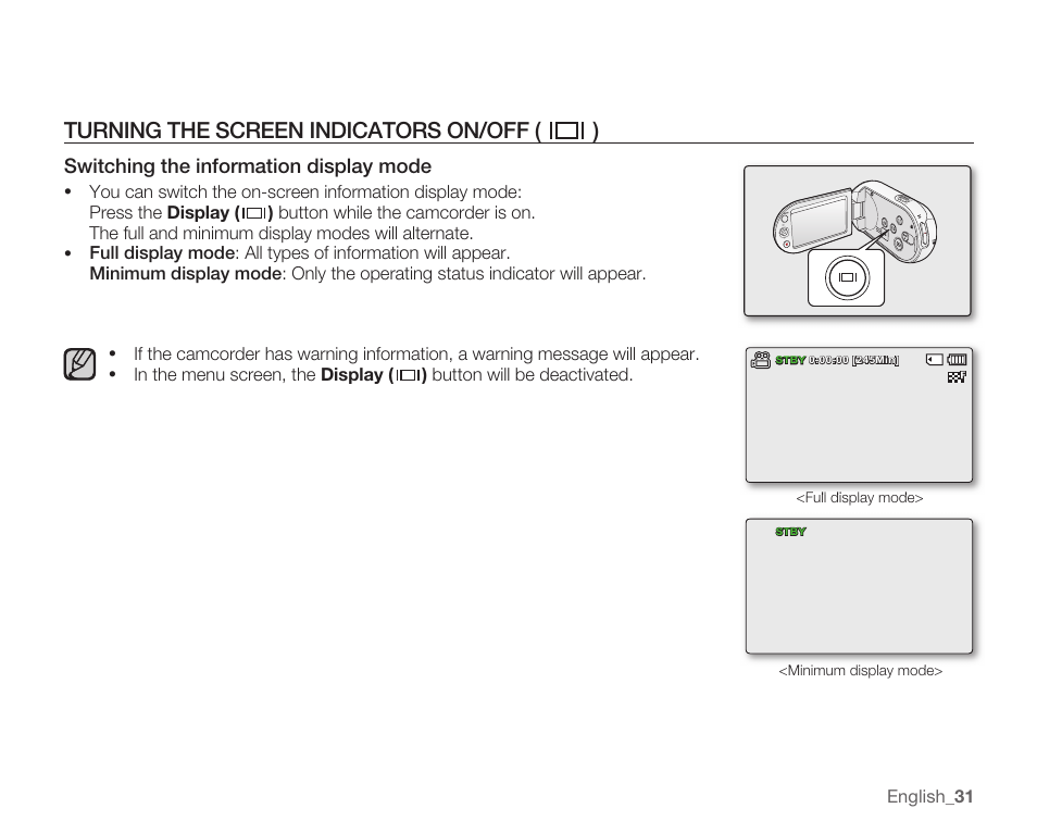 Turning the screen indicators on/off, Switching the information display mode | Samsung SMX-C14RN-XAA User Manual | Page 41 / 139