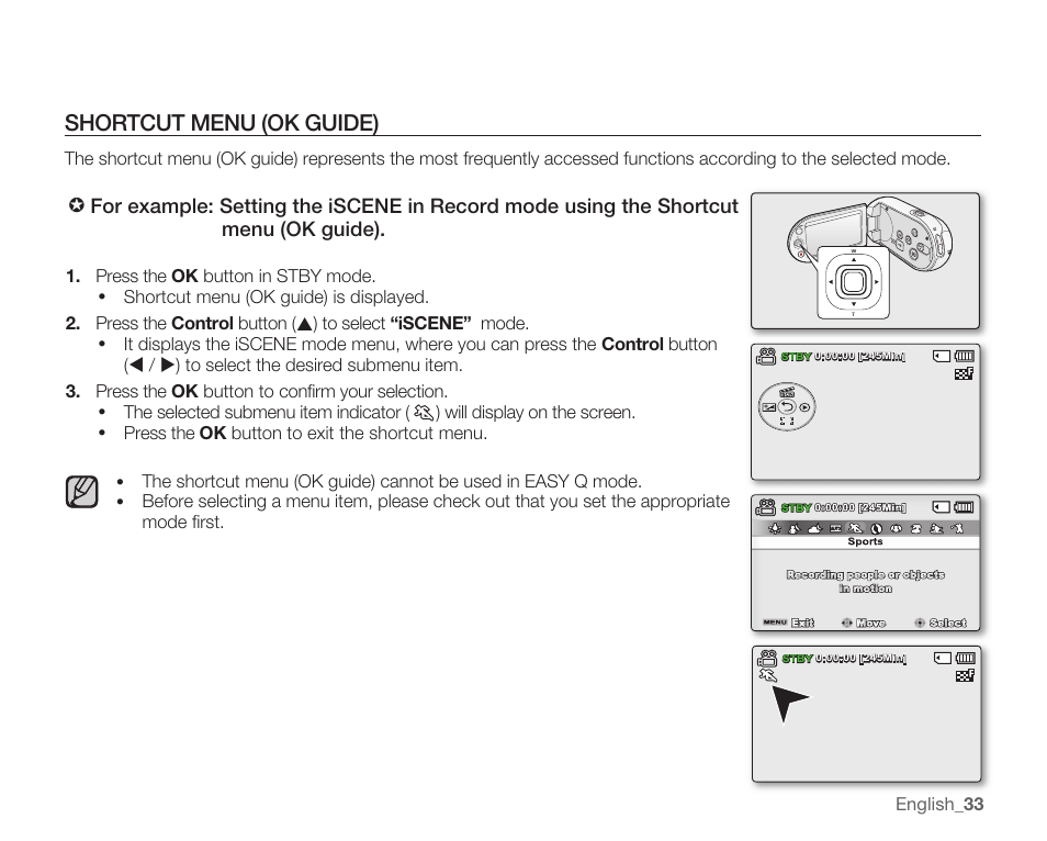 Shortcut menu (ok guide) | Samsung SMX-C14RN-XAA User Manual | Page 43 / 139