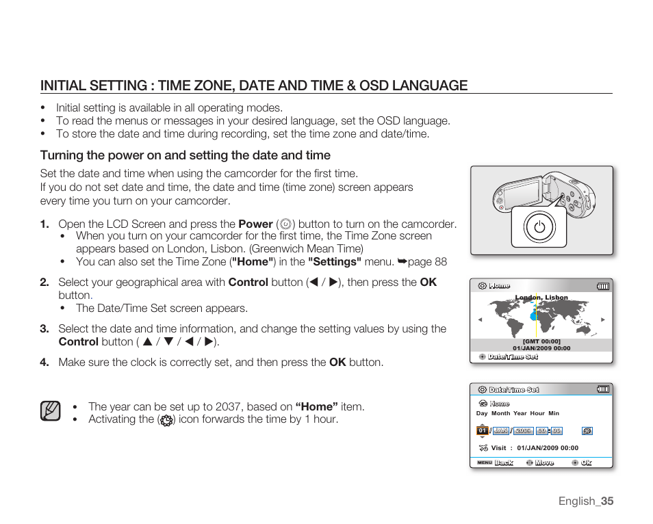 Turning the power on and setting the date and time, English _35 | Samsung SMX-C14RN-XAA User Manual | Page 45 / 139