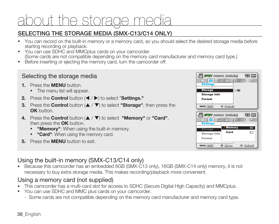 About the storage media, Selecting the storage media (smx-c13/c14 only), Selecting the storage media | Samsung SMX-C14RN-XAA User Manual | Page 48 / 139