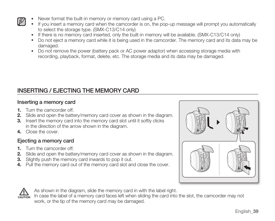 Inserting / ejecting the memory card | Samsung SMX-C14RN-XAA User Manual | Page 49 / 139