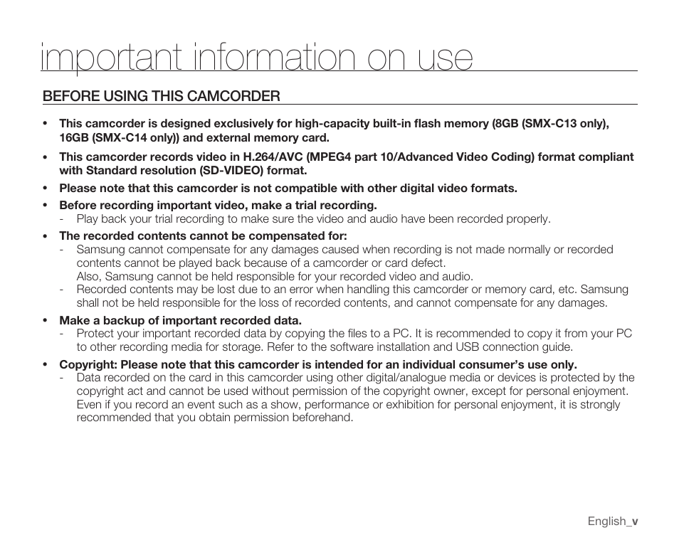 Important information on use, Before using this camcorder | Samsung SMX-C14RN-XAA User Manual | Page 5 / 139