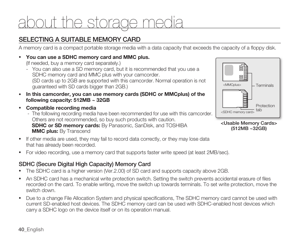 Selecting a suitable memory card, About the storage media | Samsung SMX-C14RN-XAA User Manual | Page 50 / 139