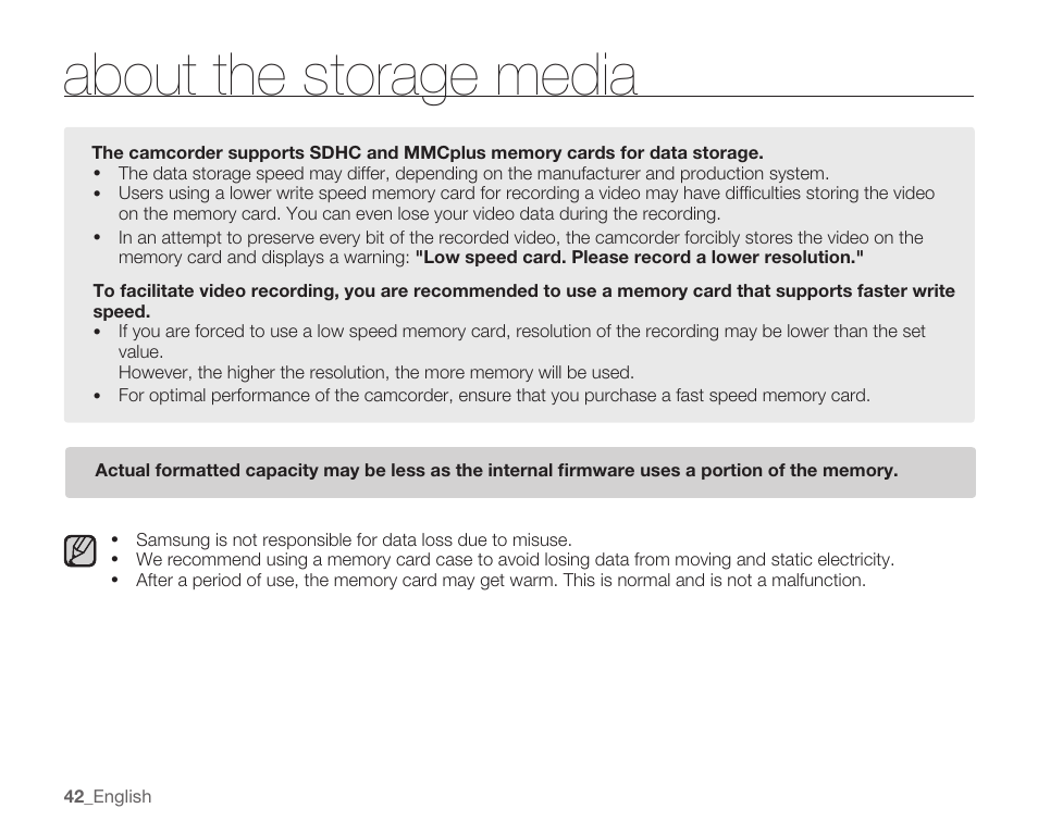 About the storage media | Samsung SMX-C14RN-XAA User Manual | Page 52 / 139
