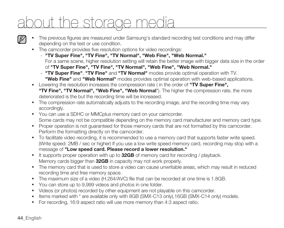 About the storage media | Samsung SMX-C14RN-XAA User Manual | Page 54 / 139