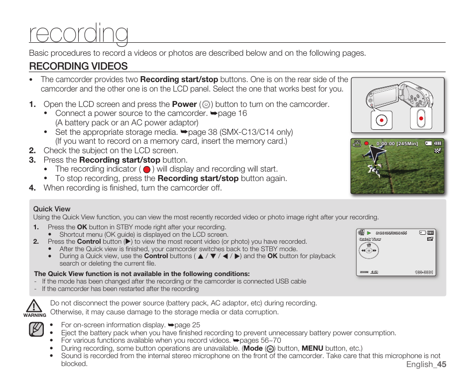 Recording, Recording videos | Samsung SMX-C14RN-XAA User Manual | Page 55 / 139
