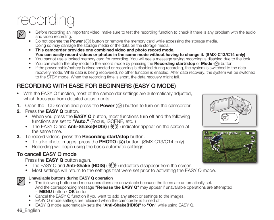 Recording with ease for beginners (easy q mode), Recording | Samsung SMX-C14RN-XAA User Manual | Page 56 / 139