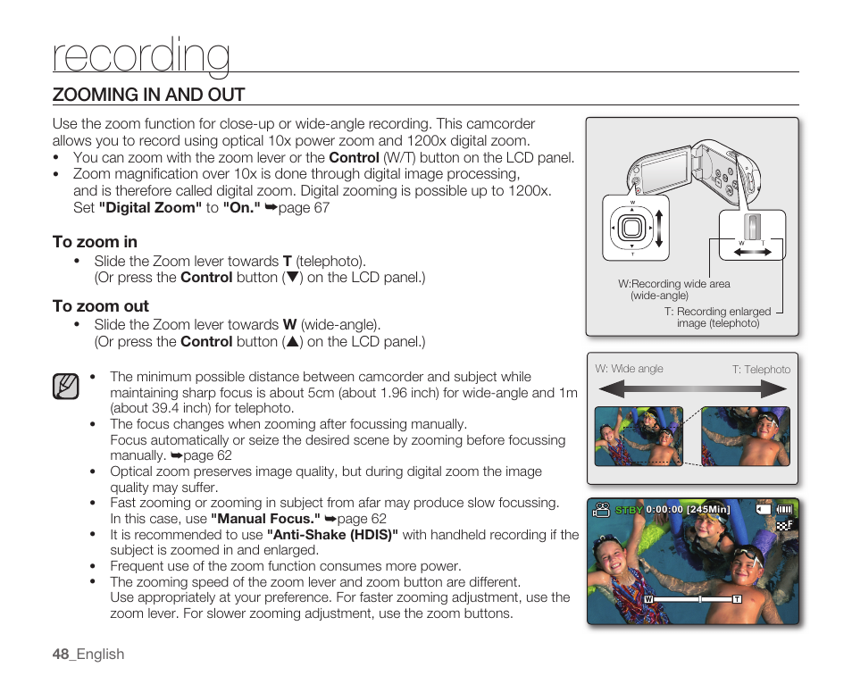 Zooming in and out, Recording | Samsung SMX-C14RN-XAA User Manual | Page 58 / 139