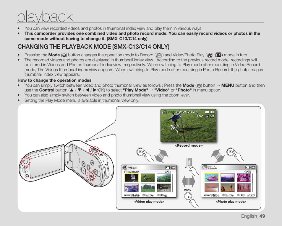 Playback, Changing the playback mode (smx-c13/c14 only), English _49 | Samsung SMX-C14RN-XAA User Manual | Page 59 / 139