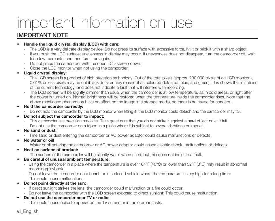 Important note, Important information on use | Samsung SMX-C14RN-XAA User Manual | Page 6 / 139