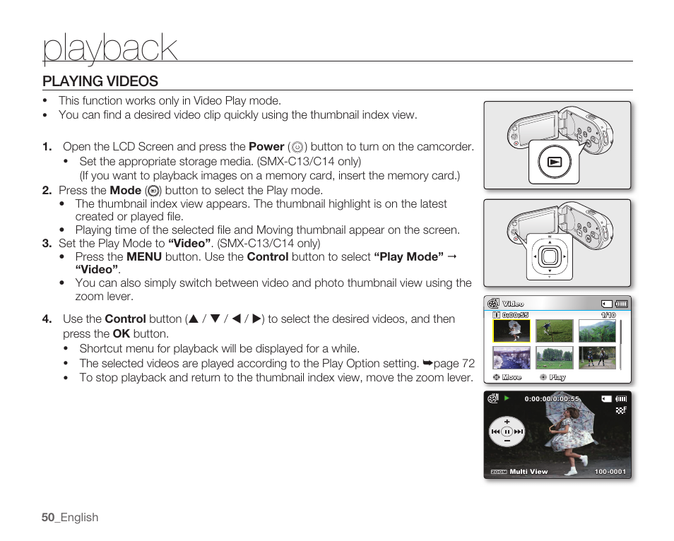 Playing videos, Playback | Samsung SMX-C14RN-XAA User Manual | Page 60 / 139