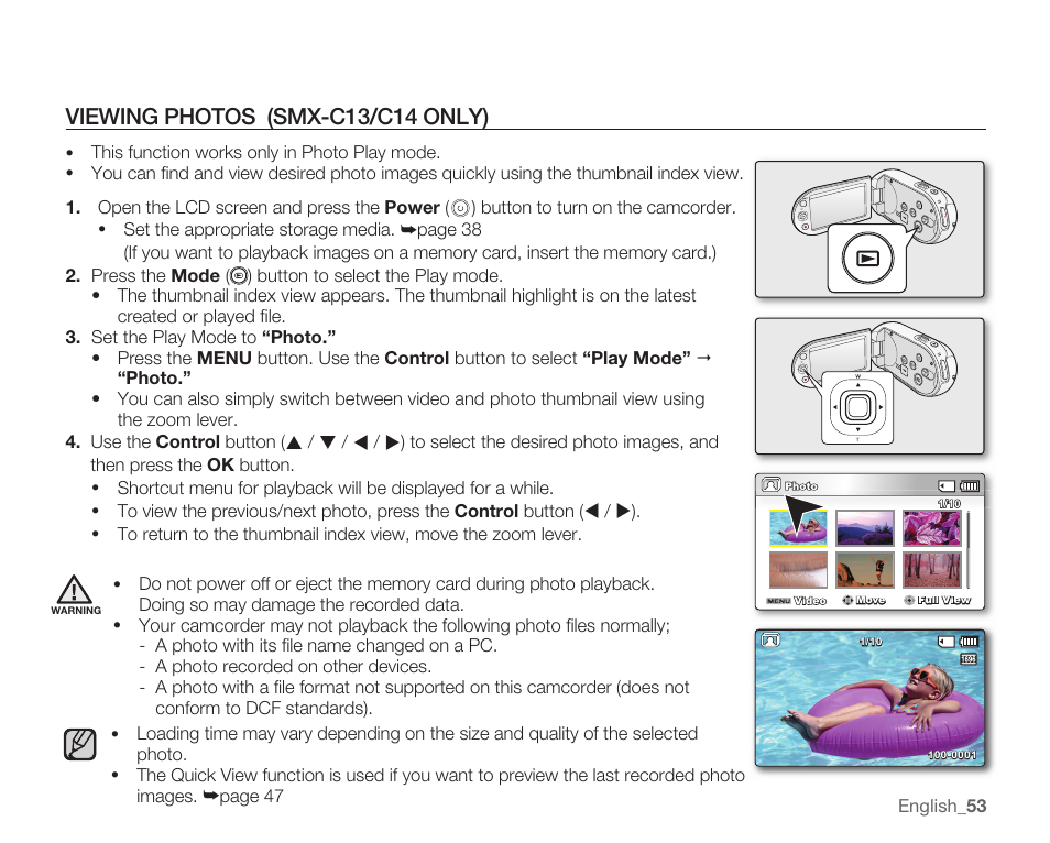 Viewing photos (smx-c13/c14 only) | Samsung SMX-C14RN-XAA User Manual | Page 63 / 139