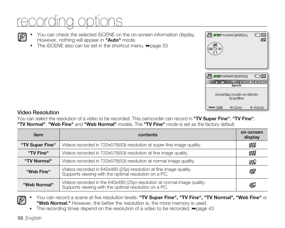 Video resolution, Recording options | Samsung SMX-C14RN-XAA User Manual | Page 68 / 139
