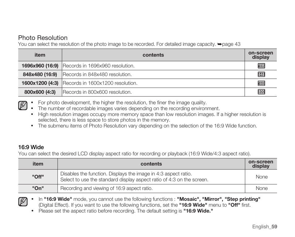 Photo resolution, 9 wide | Samsung SMX-C14RN-XAA User Manual | Page 69 / 139