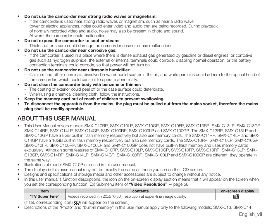 About this user manual | Samsung SMX-C14RN-XAA User Manual | Page 7 / 139