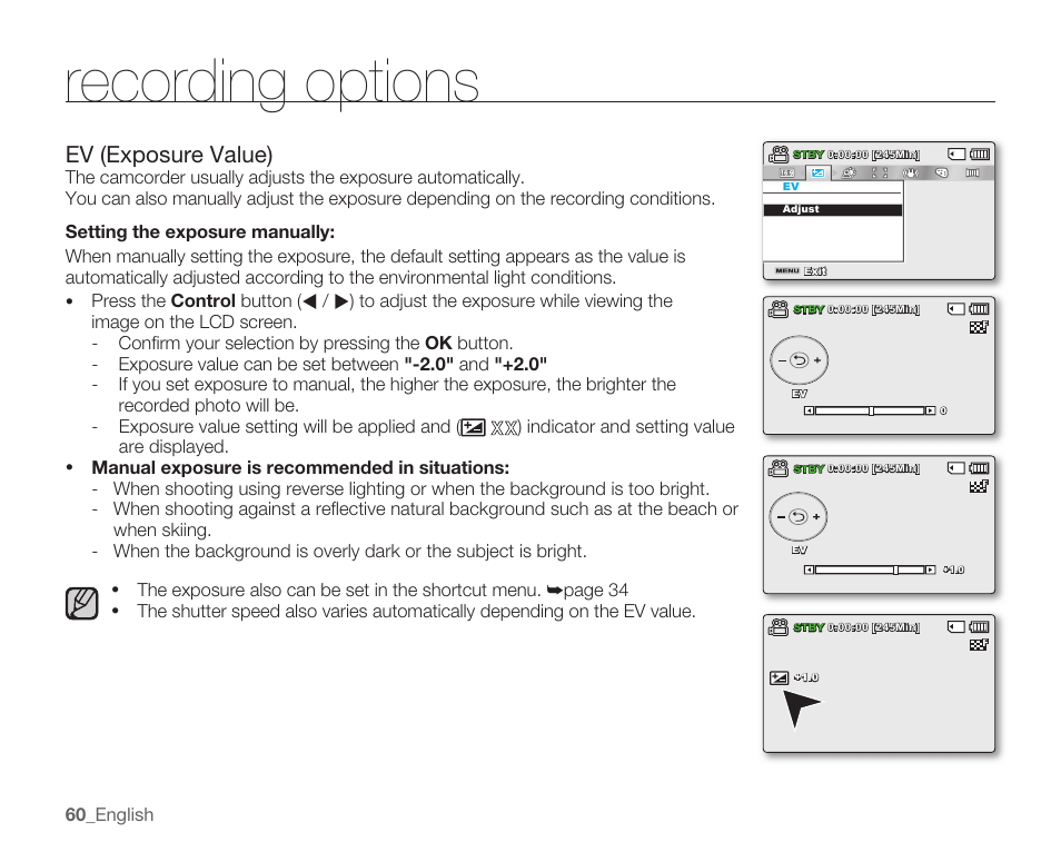 Ev (exposure value), Recording options | Samsung SMX-C14RN-XAA User Manual | Page 70 / 139