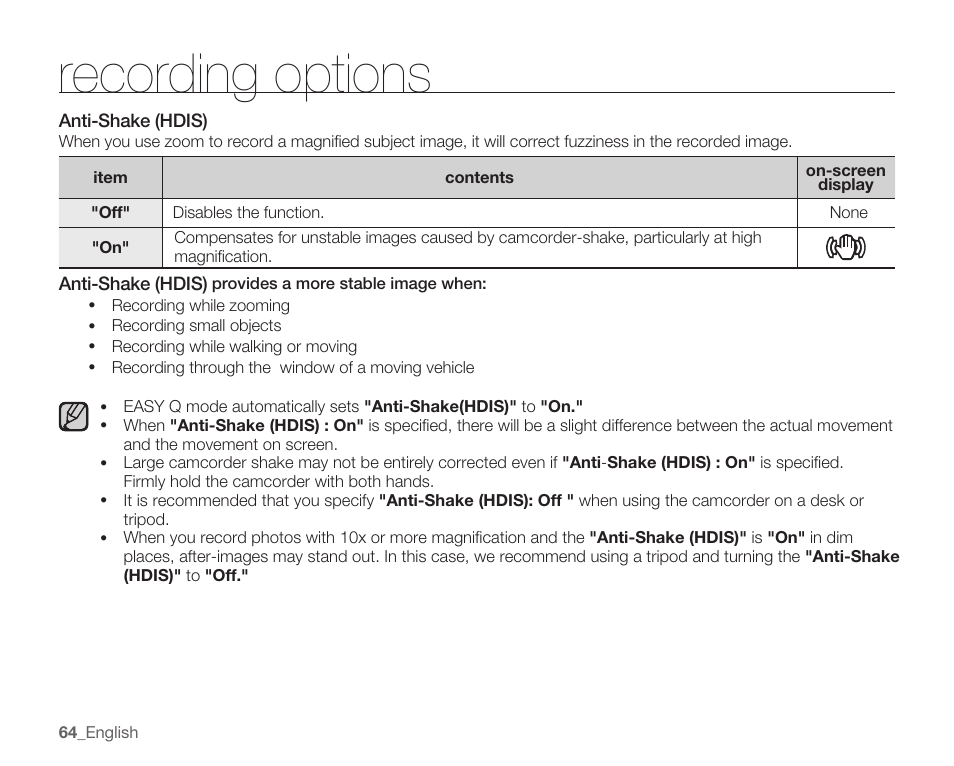 Anti-shake (hdis), Recording options | Samsung SMX-C14RN-XAA User Manual | Page 74 / 139