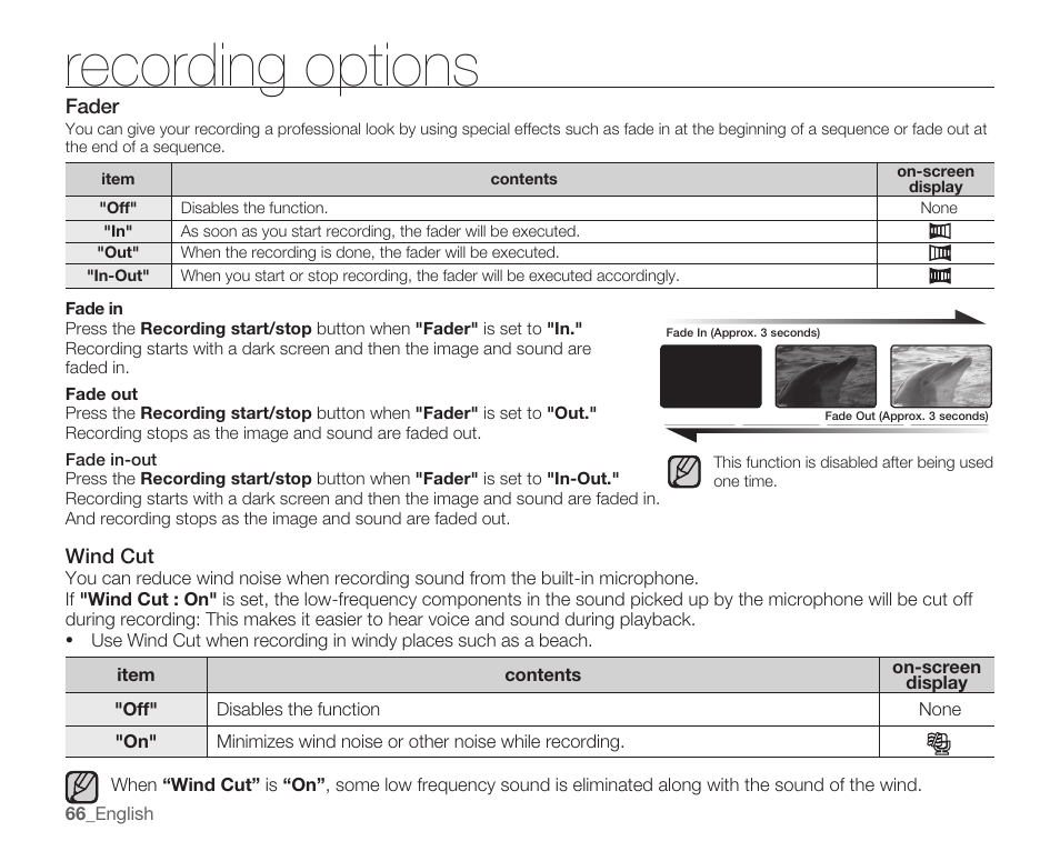 Fader, Wind cut, Recording options | Samsung SMX-C14RN-XAA User Manual | Page 76 / 139