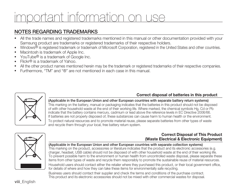 Notes regarding trademarks, Important information on use | Samsung SMX-C14RN-XAA User Manual | Page 8 / 139
