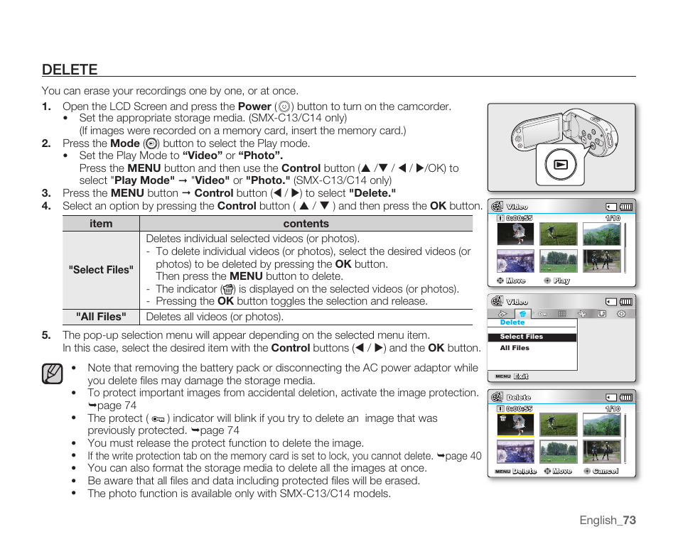 Delete | Samsung SMX-C14RN-XAA User Manual | Page 83 / 139