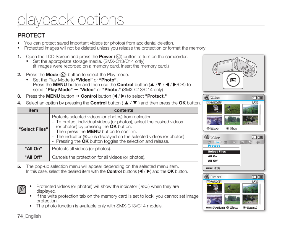 Protect, Playback options | Samsung SMX-C14RN-XAA User Manual | Page 84 / 139