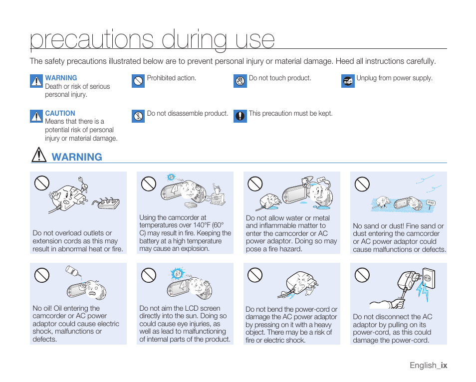 Precautions during use, Warning | Samsung SMX-C14RN-XAA User Manual | Page 9 / 139