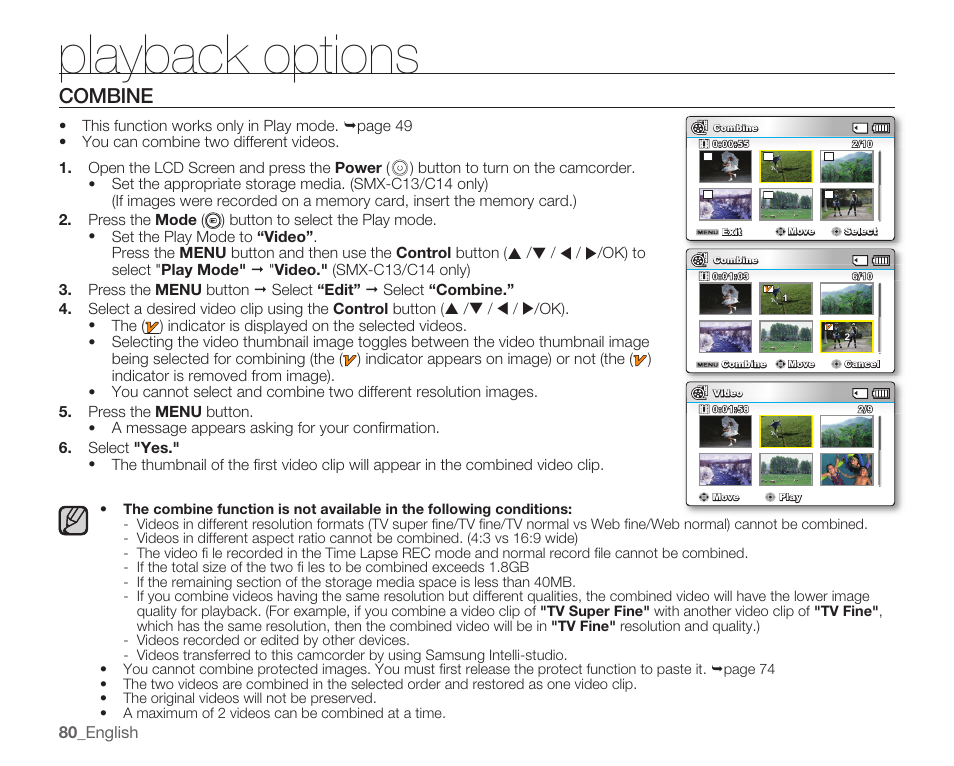 Combine, Playback options | Samsung SMX-C14RN-XAA User Manual | Page 90 / 139