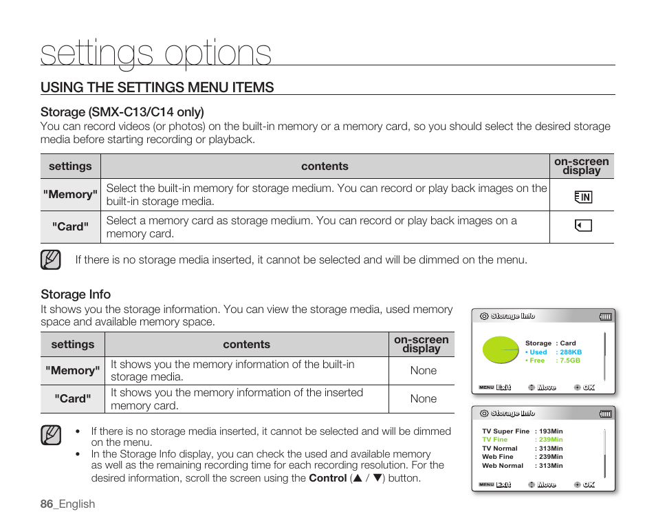 Using the settings menu items, Storage (smx-c13/c14 only), Storage info | Settings options, Storage, Smx-c13/c14 only) | Samsung SMX-C14RN-XAA User Manual | Page 96 / 139