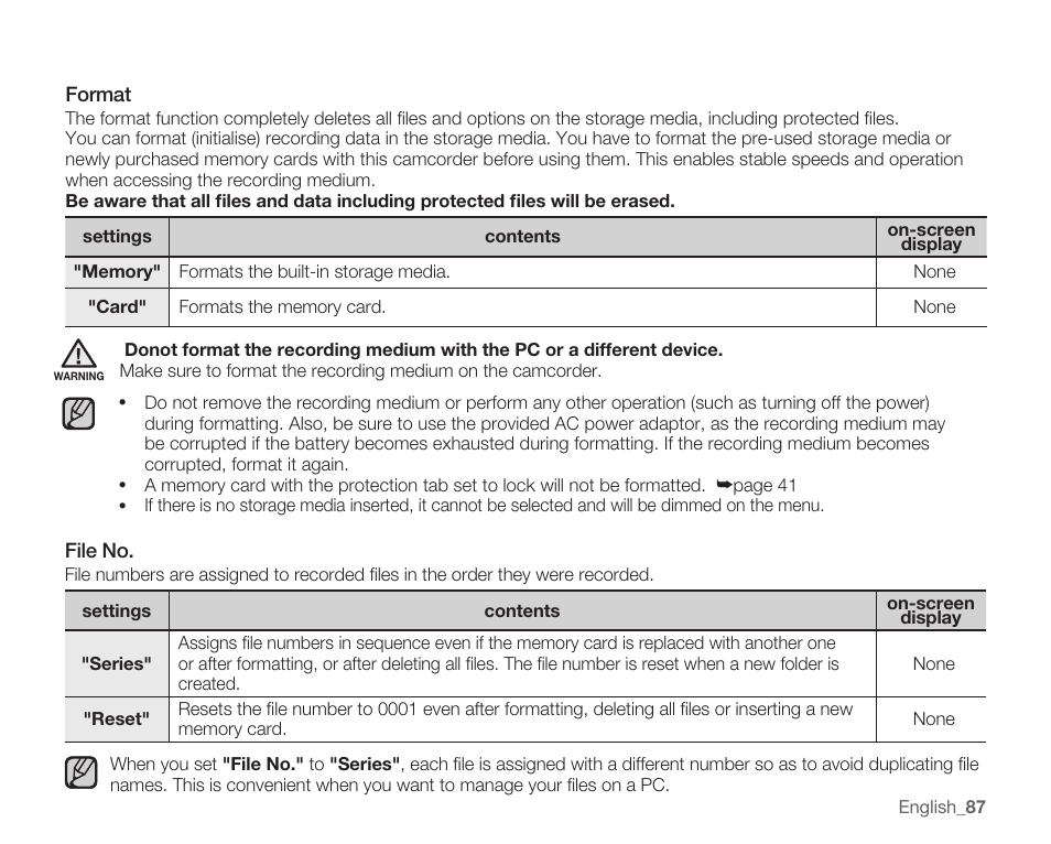 Format, File no | Samsung SMX-C14RN-XAA User Manual | Page 97 / 139